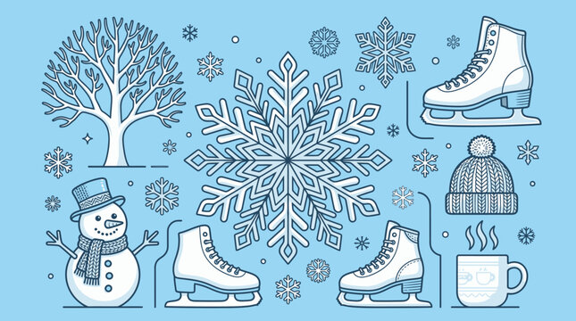 Illustrazione vettoriale di icone invernali con fiocchi di neve, pattini da ghiaccio, un pupazzo di neve, un albero spoglio, un cappello di lana e una tazza calda su sfondo azzurro.