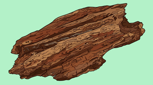 Eine detaillierte, handgezeichnete Illustration eines einzelnen St&uuml;cks verwitterter Baumrinde, isoliert auf einem hellgr&uuml;nen Hintergrund, ideal f&uuml;r Natur- und Waldthemen.