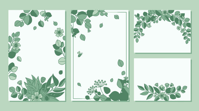 Conjunto de marcos decorativos con motivos bot&aacute;nicos y hojas verdes sobre fondo claro, ideales para invitaciones de boda, tarjetas de felicitaci&oacute;n, papeler&iacute;a elegante y dise&ntilde;os de estilo natural.