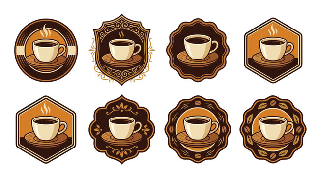 Set of pixel art coffee cup emblems with decorative borders and steaming beverage, retro game style cafe icons