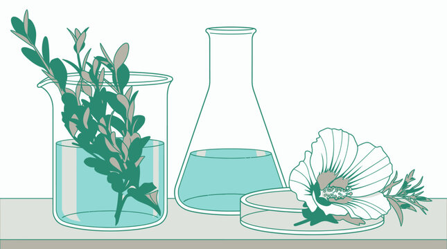 Eine wissenschaftliche Illustration mit Laborger&auml;ten wie Becherglas und Erlenmeyerkolben, die mit gr&uuml;nen Pflanzenzweigen und einer wei&szlig;en Bl&uuml;te f&uuml;r botanische Forschung dekoriert sind.