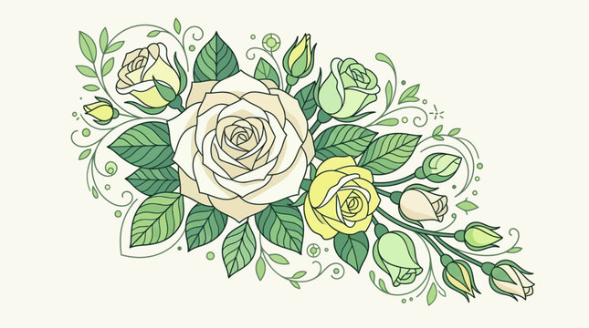 Eine elegante florale Illustration mit zarten gelben und cremefarbenen Rosen, Knospen und detaillierten gr&uuml;nen Bl&auml;ttern in einem dekorativen, handgezeichneten botanischen Stil.