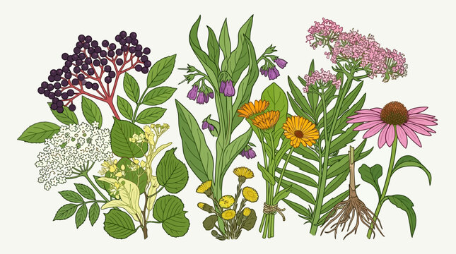 Ilustraci&oacute;n bot&aacute;nica detallada de diversas hierbas medicinales y plantas curativas, incluyendo sa&uacute;co, equin&aacute;cea, cal&eacute;ndula y consuelda, dispuestas art&iacute;sticamente sobre un fondo claro.