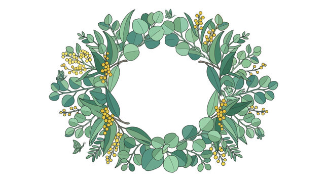 Elegante ghirlanda floreale disegnata a mano con foglie di eucalipto verde e piccoli fiori gialli su sfondo bianco, perfetta per inviti di nozze, biglietti di auguri e decorazioni botaniche.