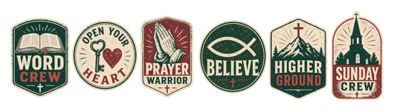 Christian vintage badges and emblems set featuring religious symbols like the holy bible praying hands cross church and ichthys fish with inspirational faith quotes