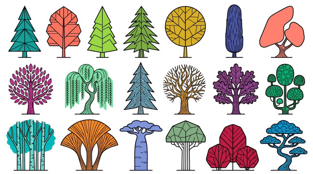 Set di icone vettoriali piatte raffiguranti diverse specie di alberi colorati con stili geometrici e stilizzati, ideali per design naturalistici, progetti ecologici e infografiche ambientali.