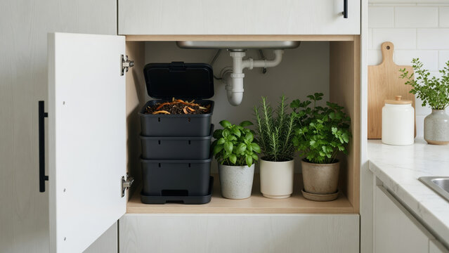 Indoor compost bin sink kitchen cabinet storage herb plant pot basil parsley rosemary home eco friendly food waste recycling modern white kitchen green lifestyle organized space sustainable home