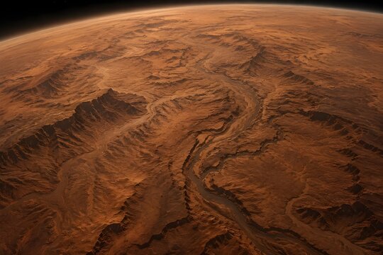 Ancient Dead Planet Entirely Covered In Deep Dry Riverbeds And Dusty Canyons Space Exploration Art