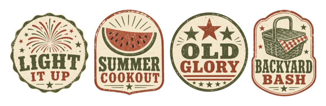 Vintage summer barbecue labels set featuring rustic designs for backyard bash, cookout, and patriotic celebrations with watermelon, fireworks, and picnic basket illustrations