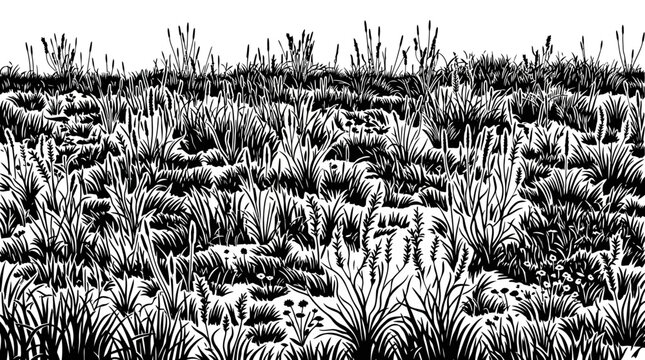 Illustrazione in bianco e nero di un prato selvaggio con erbe alte e piante spontanee, disegnata con uno stile a tratteggio artistico che evoca un paesaggio naturale e incontaminato.