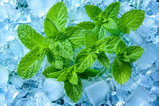 Fresh vibrant peppermint green leaves resting on cold crushed ice macro top down cooling background