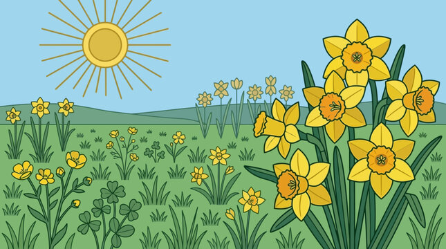 Illustrazione vettoriale di un prato primaverile soleggiato con narcisi gialli in primo piano, erba verde e un cielo azzurro luminoso con sole splendente in stile grafico piatto.