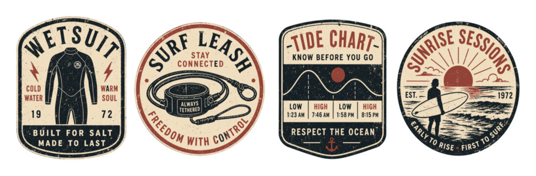 Vintage surfing badges and emblems set featuring wetsuit, surf leash, tide chart, and sunrise sessions designs with a distressed texture