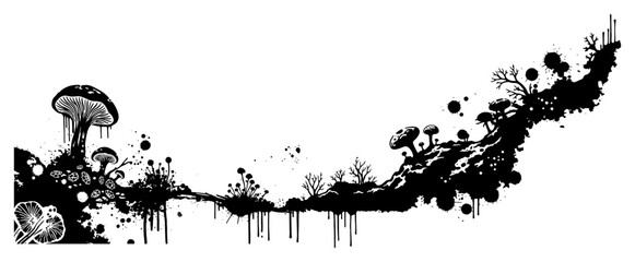 Mushroom landscape silhouette with organic ink splatters in fantasy forest style © Wuszu