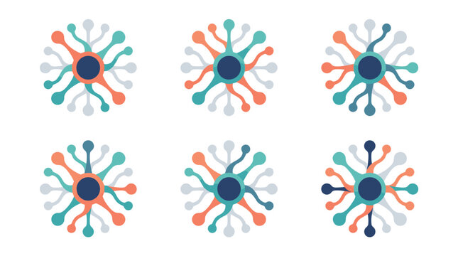 set of six abstract organic circular patterns with connecting nodes, featuring teal, coral, and grey elements radiating from a central dark blue circle, digital illustration, decorative motifs