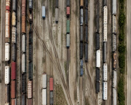 Top View Of Busy Train Switching Yard With Parallel Tracks And Cargo Cars Rail Transportation