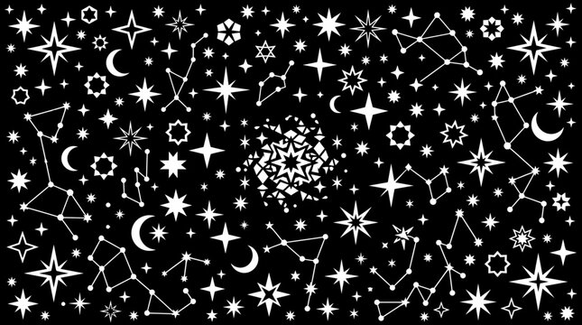 Sfondo astratto con stelle bianche, costellazioni e lune crescenti su un cielo notturno nero, perfetto per design celestiali, decorazioni natalizie o progetti grafici a tema spaziale.