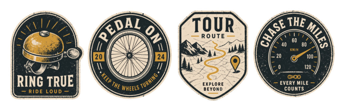 Vintage bicycle badges and retro cycling emblems featuring a classic bike bell, wheel spokes, mountain route map, and speedometer with distressed texture