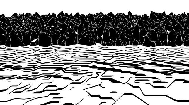 Ilustraci&oacute;n abstracta en blanco y negro con un paisaje estilizado de rocas y terreno ondulado que crea un patr&oacute;n gr&aacute;fico de alto contraste y estilo minimalista para dise&ntilde;o.