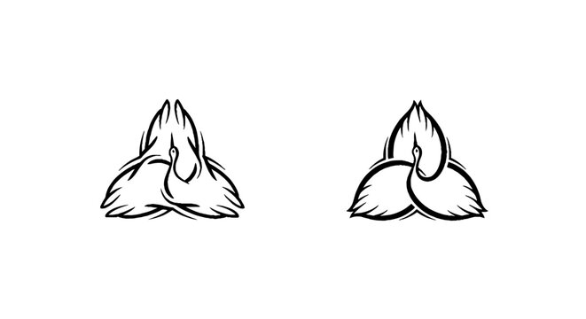 Two stylized feather quill illustrations in black and white.