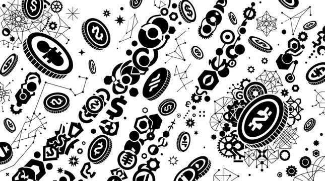 Patr&oacute;n abstracto de monedas digitales y s&iacute;mbolos de criptomonedas en blanco y negro con elementos geom&eacute;tricos y tecnol&oacute;gicos para dise&ntilde;o financiero moderno y fondos digitales.