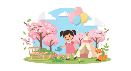 Naklejka premium A young girl waters flowers in a vibrant spring park surrounded by pink cherry blossoms, a cute fox, a cozy tent, and a bundle of balloons.