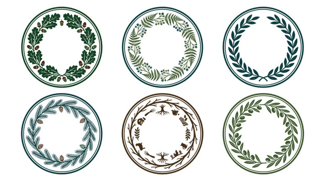 Set of six pixel art circular wreaths and frames with botanical elements in green and brown tones, decorative borders, vector elements