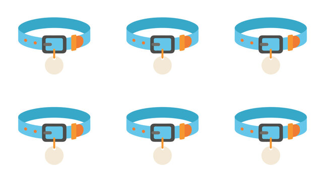 Set of six pixel art dog collars with ID tags, light blue straps and orange buckles, repeating pattern design