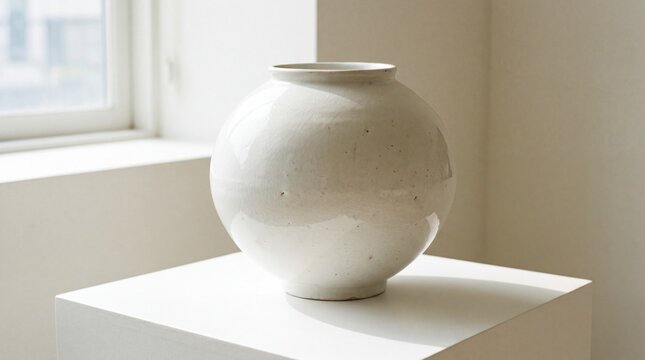 A minimalist white ceramic moon jar sits elegantly on a clean pedestal against a bright window.