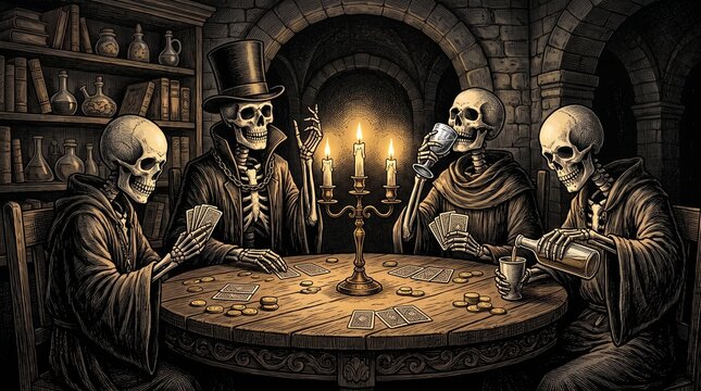 Dark Ink Illustration of Four Skeletons Playing Cards and Drinking in Underground Stone Dungeon by Candlelight