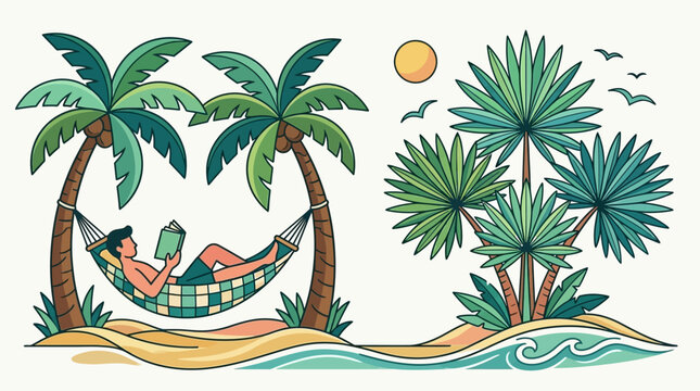 Ilustraci&oacute;n vectorial de un hombre relaj&aacute;ndose en una hamaca entre palmeras en una playa tropical, leyendo un libro bajo el sol con un estilo art&iacute;stico de dibujo lineal y colores planos.