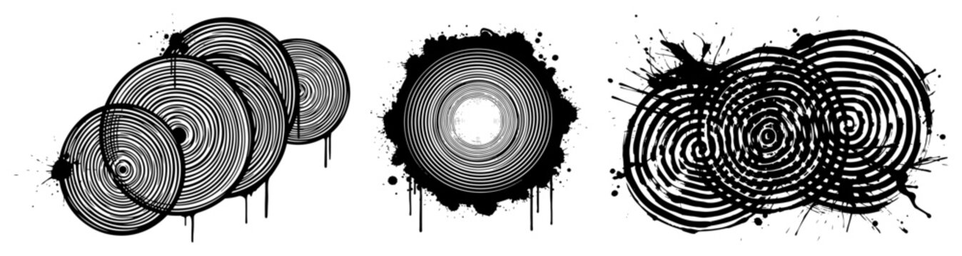 Concentric wavy rings with ink splatters and dripping paint in abstract style