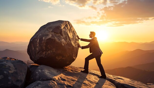 Man pushes boulder atop mountain peak at sunrise. Sun glows behind distant hills