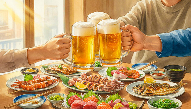 居酒屋でビールジョッキを乾杯する水彩画イラスト