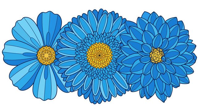 Illustrazione vettoriale di tre fiori blu stilizzati con centri gialli, disposti in fila su sfondo bianco, ideale per decorazioni grafiche, inviti e design floreale creativo.