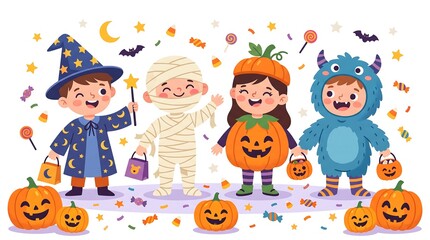 Fototapeta premium Children in Halloween costumes celebrate with pumpkins and candy