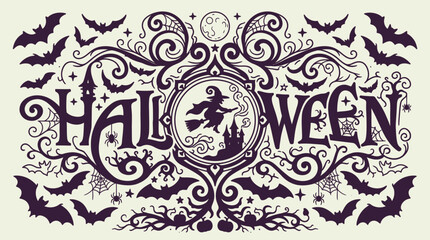 Fototapeta premium Illustrazione decorativa vintage di Halloween con scritta ornamentale, una strega che vola sulla scopa, pipistrelli, ragnatele e un castello gotico in stile vittoriano.