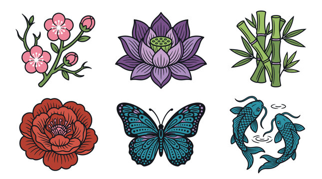 Conjunto de ilustraciones vectoriales de estilo tradicional asi&aacute;tico con flores de loto, peon&iacute;as, ramas de cerezo, tallos de bamb&uacute;, una mariposa detallada y peces koi en un dise&ntilde;o decorativo.