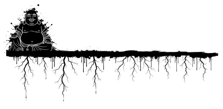 Laughing Buddha silhouette with root system growing downwards in stencil style