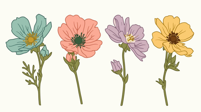 Conjunto de cuatro flores silvestres dibujadas a mano en colores pastel suaves, ilustraci&oacute;n bot&aacute;nica decorativa con estilo art&iacute;stico lineal sobre un fondo crema claro y limpio.