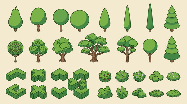 Set di icone vettoriali isometriche raffiguranti vari tipi di alberi stilizzati, cespugli e siepi geometriche per design di mappe, paesaggi urbani e progetti di grafica ambientale.