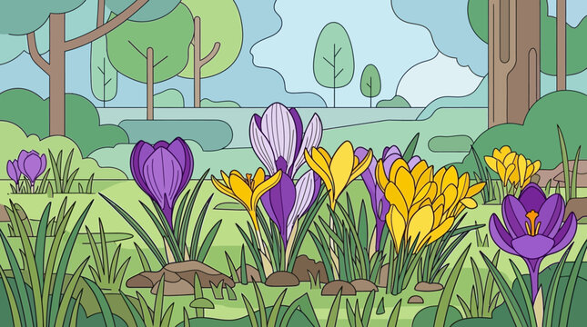 Illustrazione vettoriale piatta di un prato primaverile con fiori di croco viola e gialli che sbocciano in un bosco stilizzato, ideale per design stagionali e decorazioni naturali.