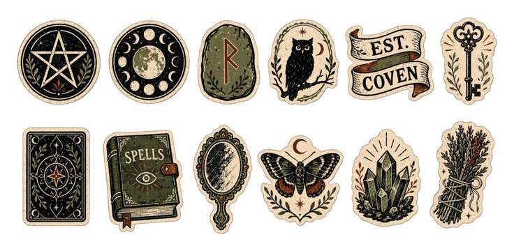 Witchcraft sticker set with mystical occult symbols including pentagram moon phases rune owl key tarot card spell book mirror butterfly crystals and herbs