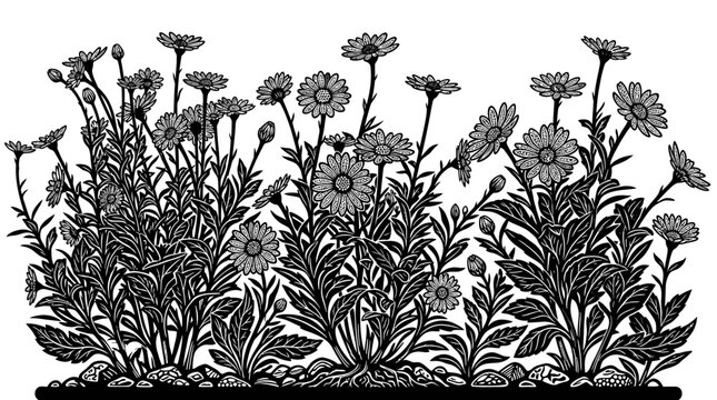 Illustrazione botanica in bianco e nero di un gruppo di fiori di calendula in stile xilografia con dettagli intricati su sfondo bianco isolato per design grafico