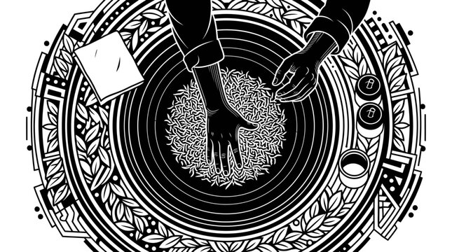 Illustrazione artistica in bianco e nero che mostra mani umane che toccano una superficie circolare decorata con motivi geometrici e floreali in uno stile grafico dettagliato