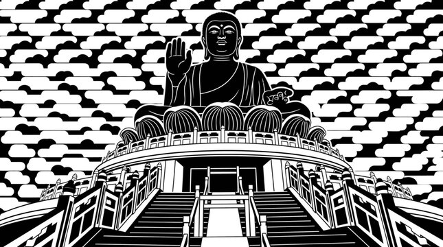Illustrazione artistica in bianco e nero che raffigura la maestosa statua del Grande Buddha di Lantau a Hong Kong con un motivo geometrico astratto sullo sfondo