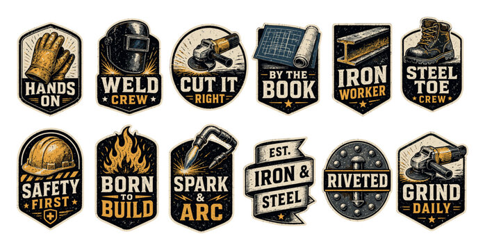 Industrial construction worker vintage emblem sticker set featuring welding helmet, safety hard hat, work boots, and tools with motivational slogans