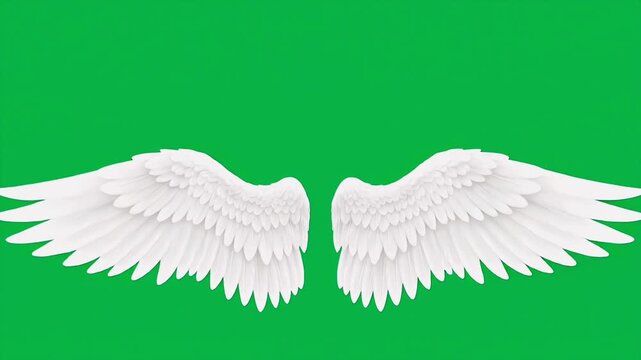 A pair of white angel wings isolated on a bright green screen background.