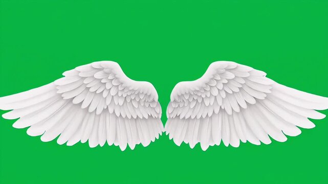 Pair of beautiful white angel wings isolated on a green screen background.