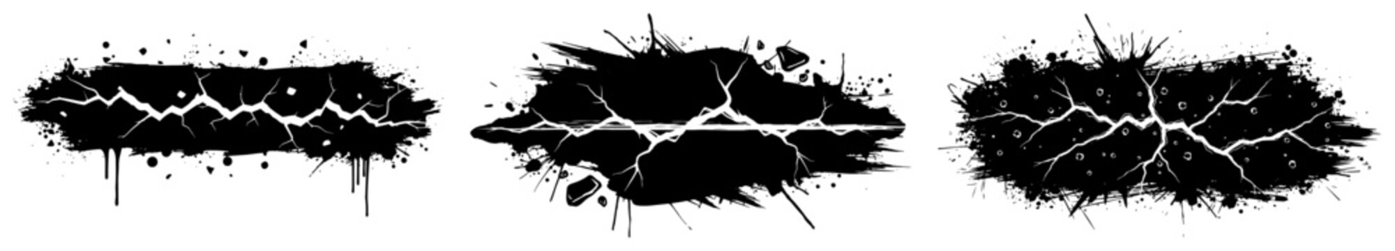 Cracked ground fissures with paint drips and grunge ink splatters